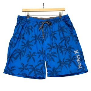 Hurley Mens XL Swim Trunks Blue Palm Tree Board Shorts Tropical Lined Pockets